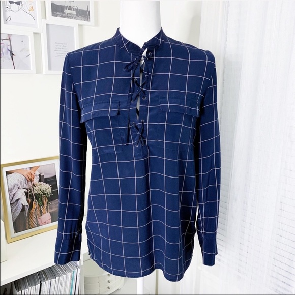 Madewell Tops - Madewell Windowpane Lace Up Long Sleeve Blouse XS